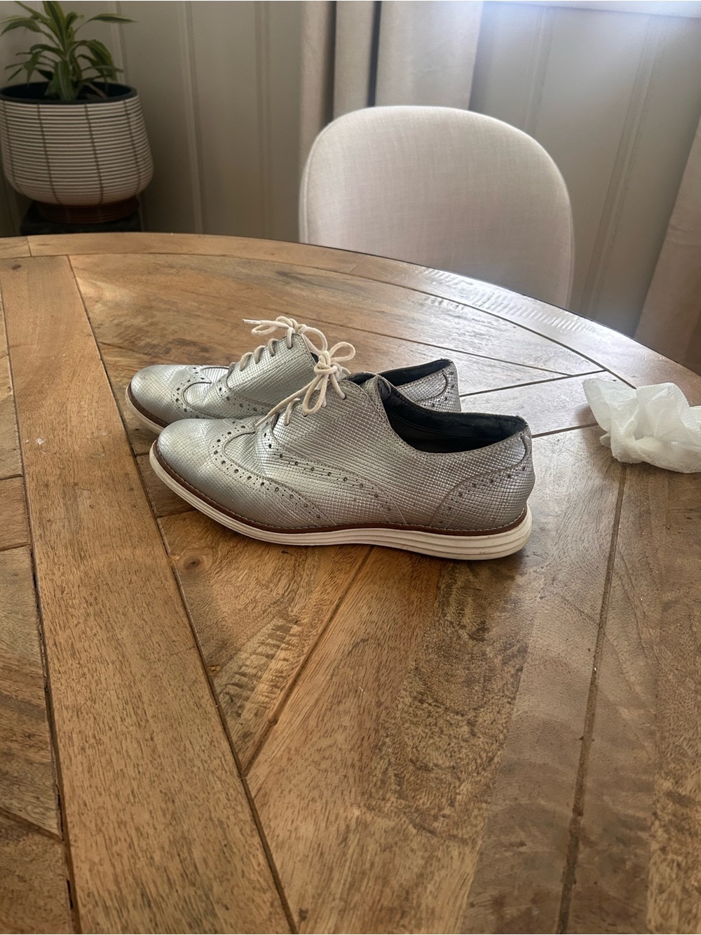 Cole Haan Women Metallic Silver Wingtip Lace-Up Dress Sneakers